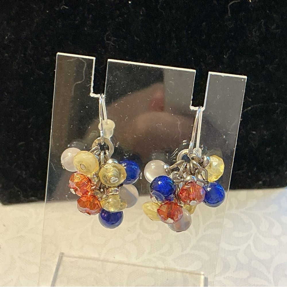 Colorful Beaded Cluster Earrings Orange, Blue, White Clear